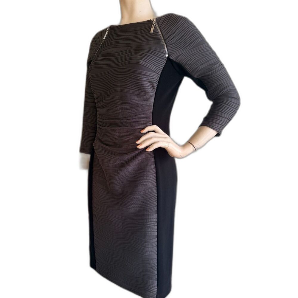 JOSEPH RIBKOFF Dress Gray Black Zipper Accent Textured Ruched Size US 10